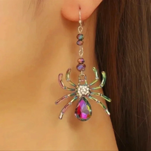 Iridescent Rhinestone Spider Dangle Earrings - Picture 1 of 7